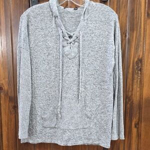 Gray Lace-Up Knit Sweater